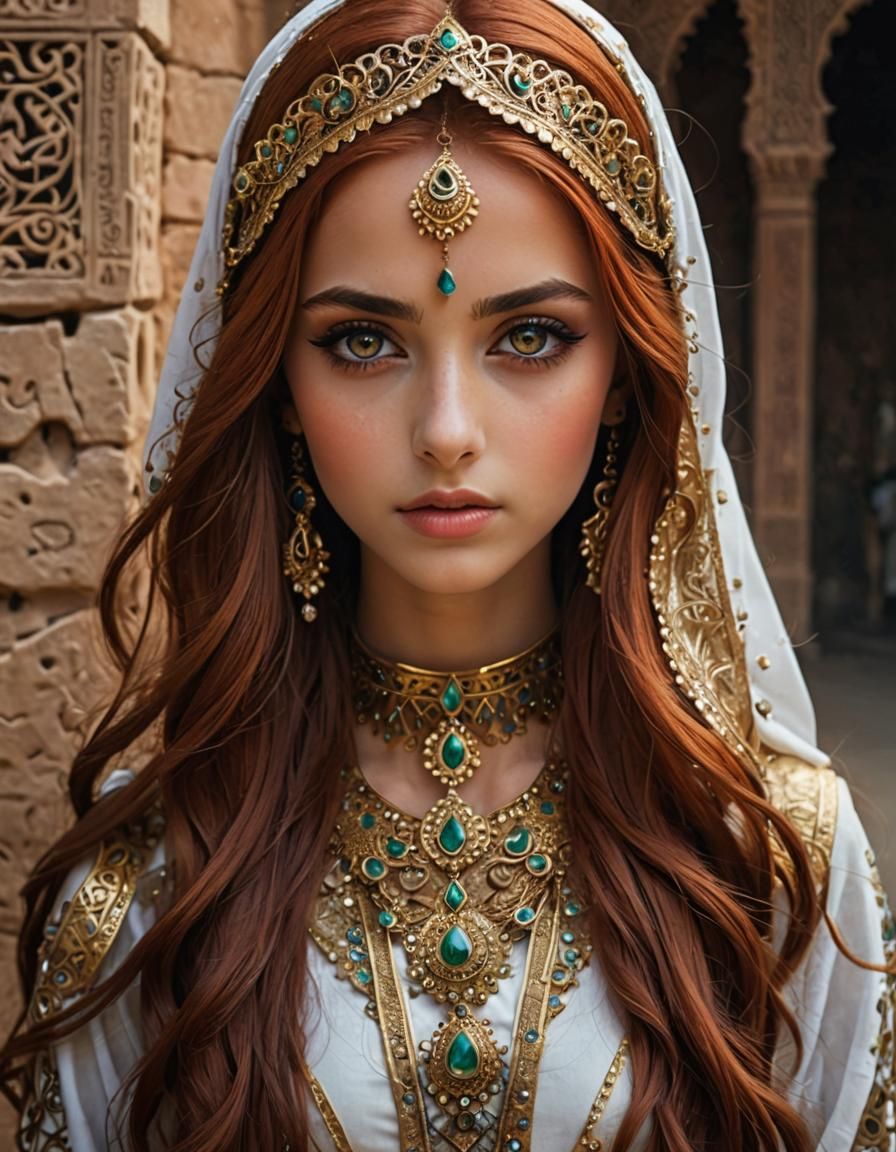 Arabian Girl with Long Red Hair in Desert