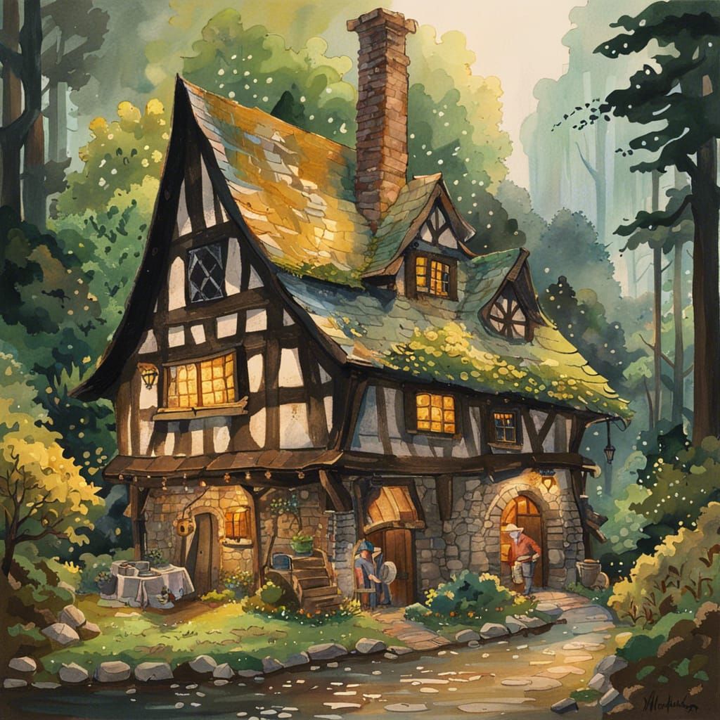 Tudor Blacksmith in Fantasy Rainforest: Gouache Watercolor