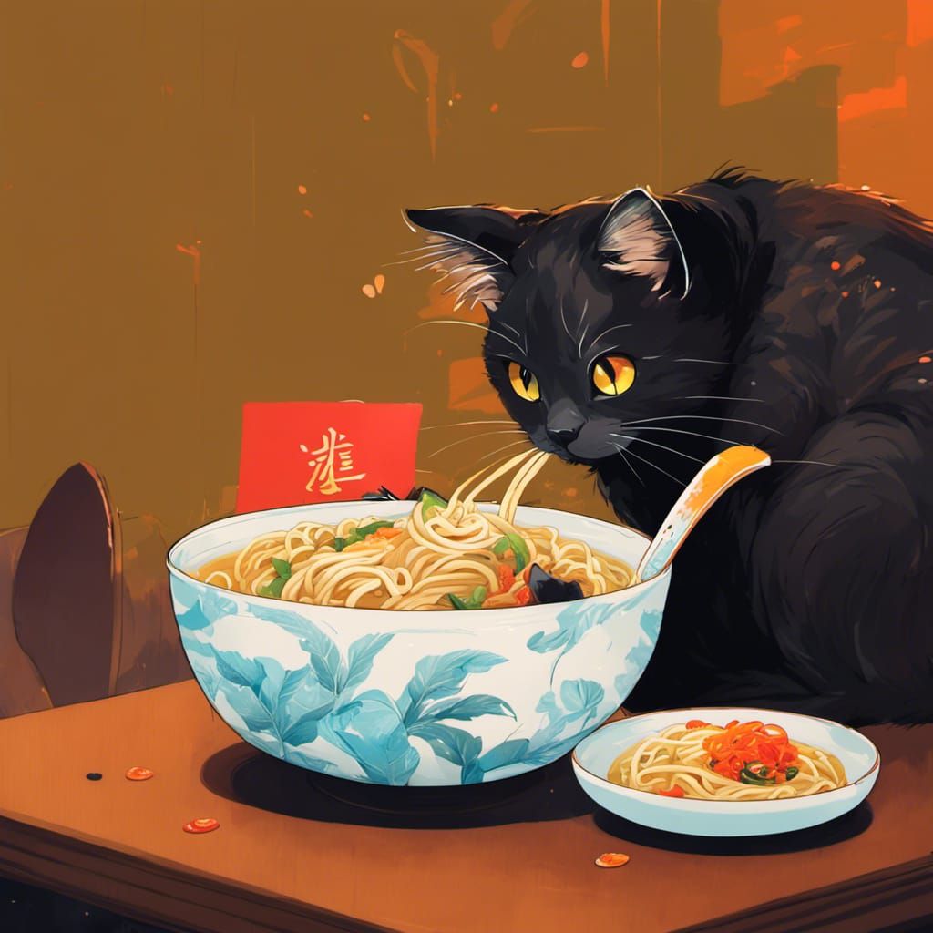 Adorable Cat Enjoys Ramen: Cutecore Digital Art