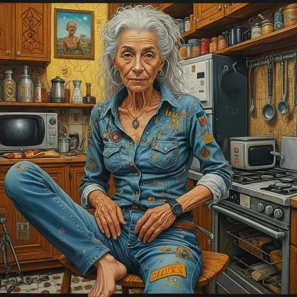 Cyberpunk Old Woman with Musical Shirt in Sunny Kitchen