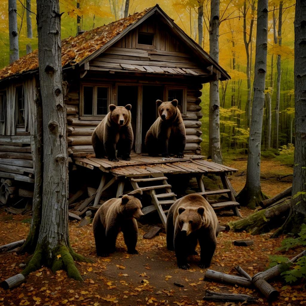 Brown Bears Explore Abandoned Cabin in Woods