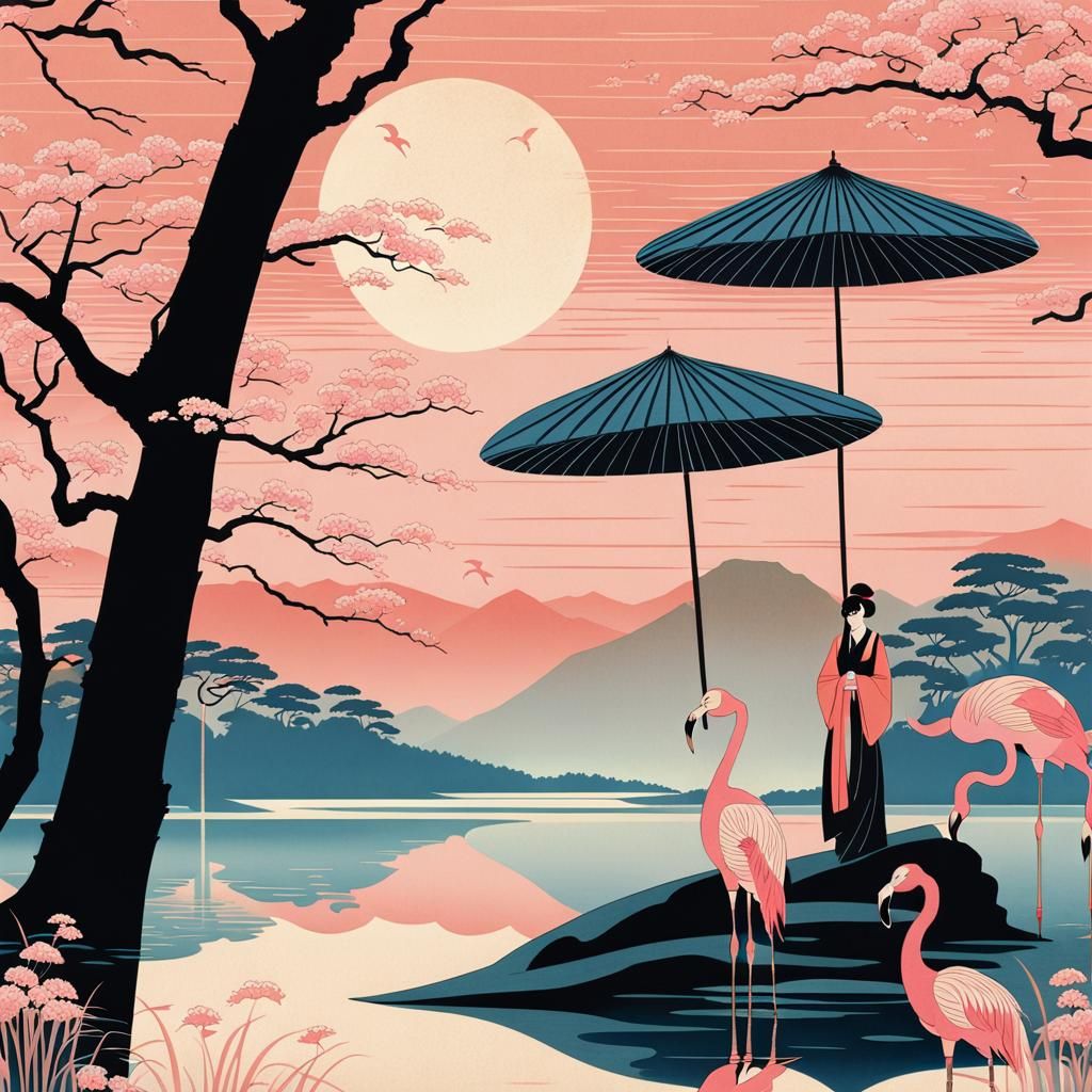 Flamingo on Japanese Lake: Ukiyo-e Woodblock Print