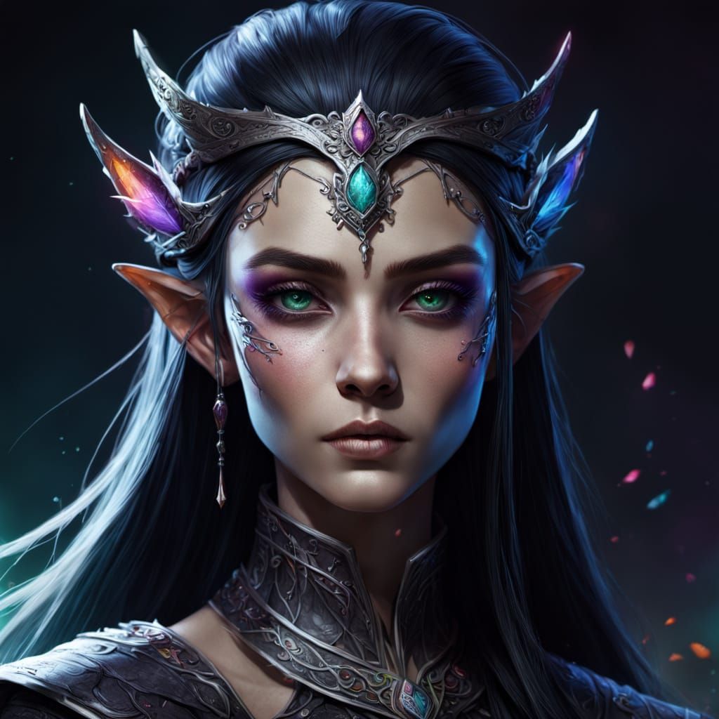 Ethereal Dark Elven Majesty in Vibrant Hyperrealism