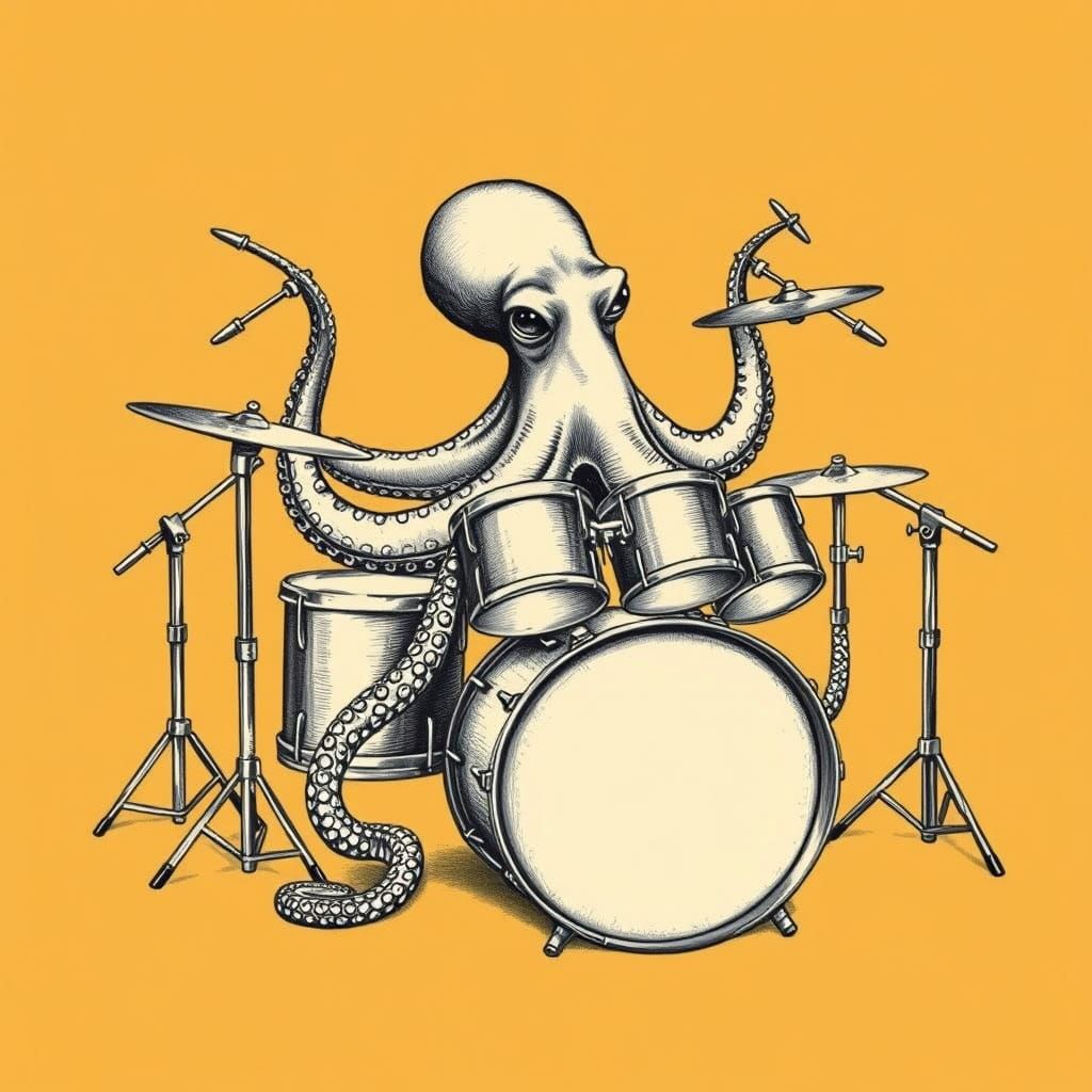 Vintage-Style Octopus Drummer in Monochromatic Masterpiece