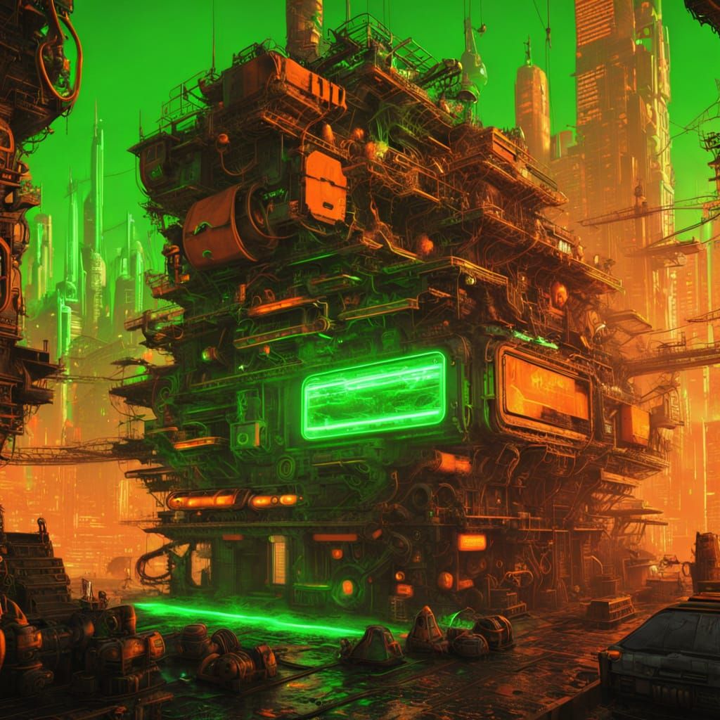 Neon Cyberpunk Bay with Green and Orange Lights