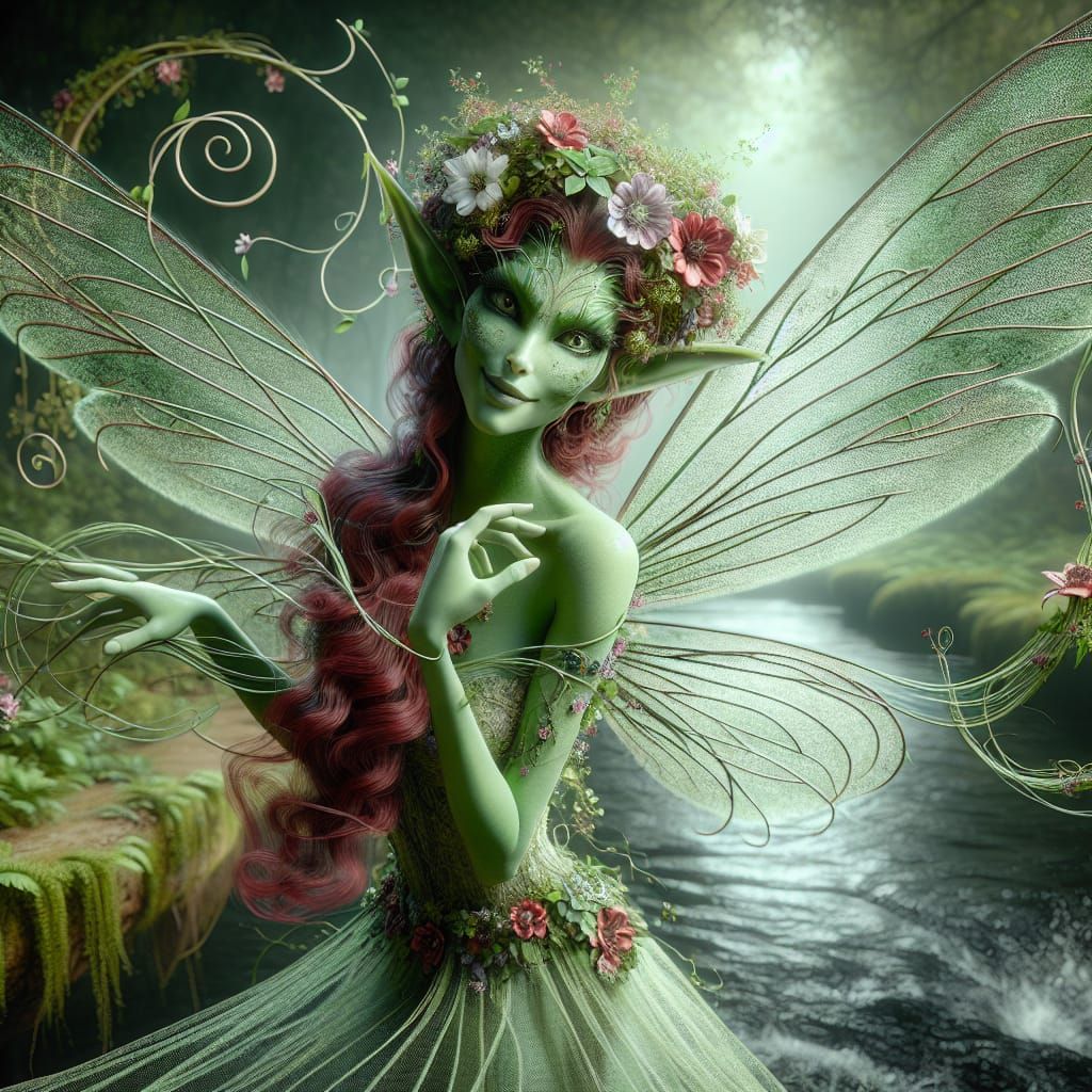 Enchanting Green Fairy Flying Over Stream