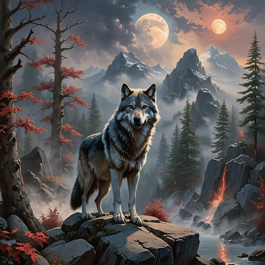 Gray Wolf Howling at Moonlit Pack