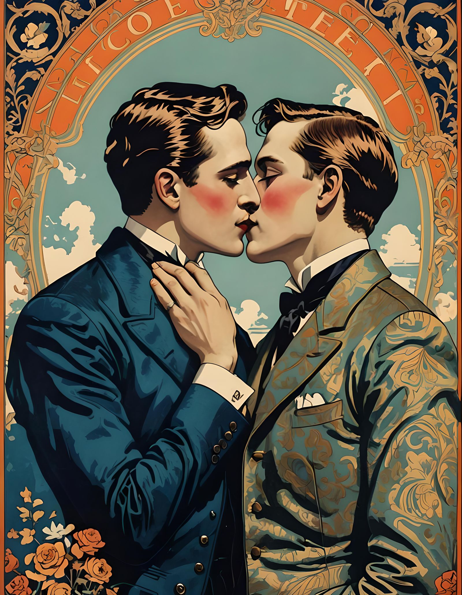 Victorian Travel Poster of Kissing Men: Abstract Art