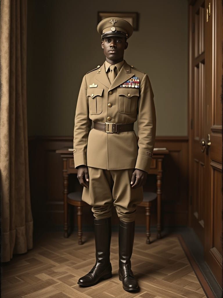 Dignified Black American Soldier in Vintage Khaki Uniform