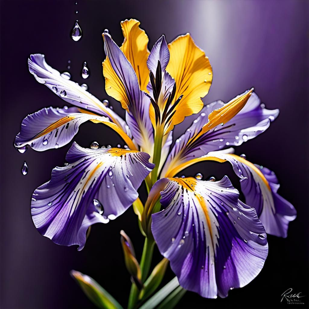 Dreamy Purple Iris Encaustic Painting with Dewdrops
