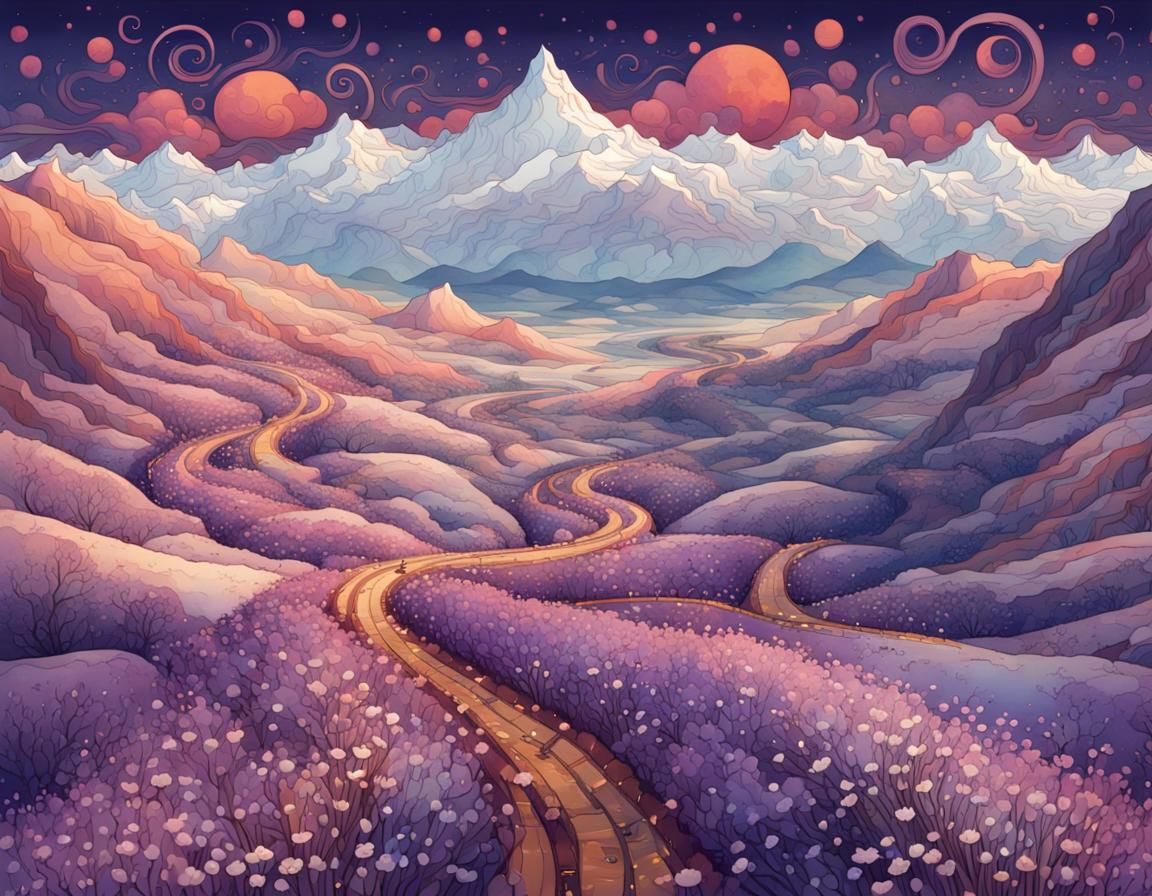 Winding Lavender Road Illustration in Watercolor Style