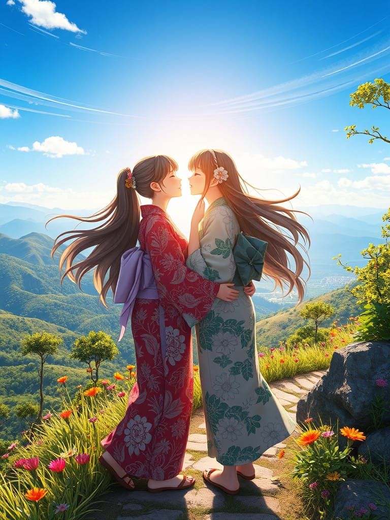 Tender Moment on a Mountain Path in Anime-Inspired Style
