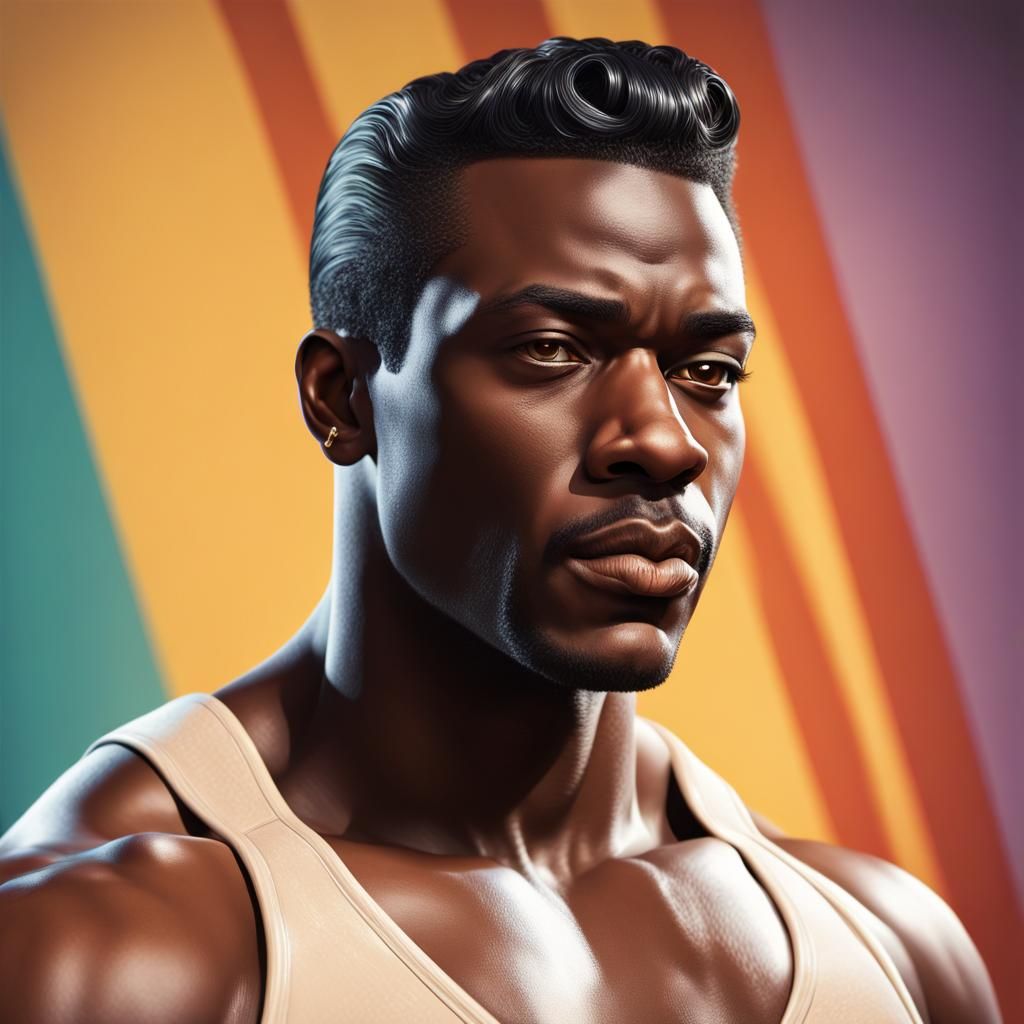 black man dressed in the style of 1950s , handsome face, tall, muscular chest,  Hyperrealistic, splash art, concept art,...