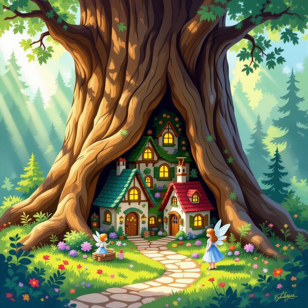 Miniature Fairy Village Inside Sequoia in Fairytale Style
