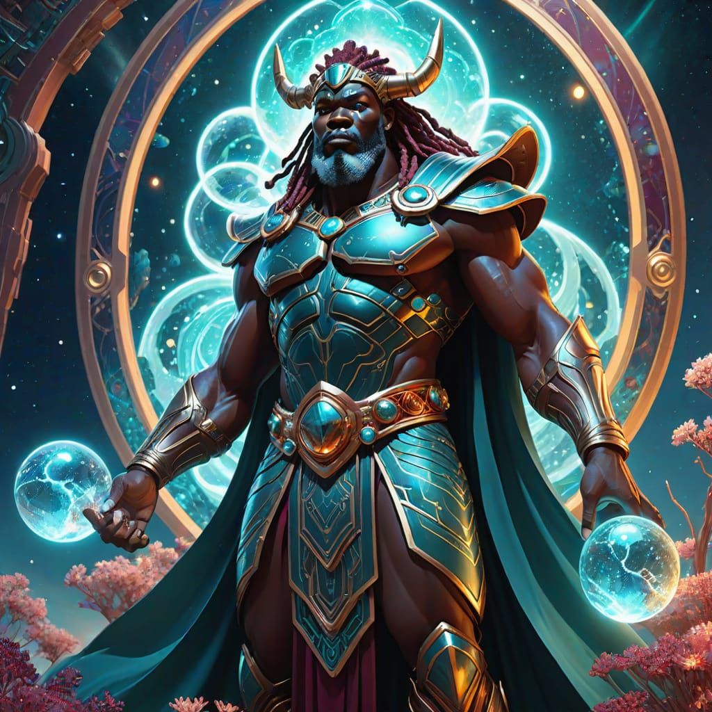 African Thunder God on Crystal, Alphonse Mucha Style