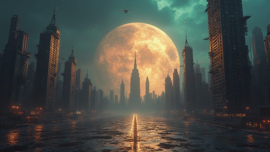 Surreal Cityscape Inside a Fractured Moon Skull
