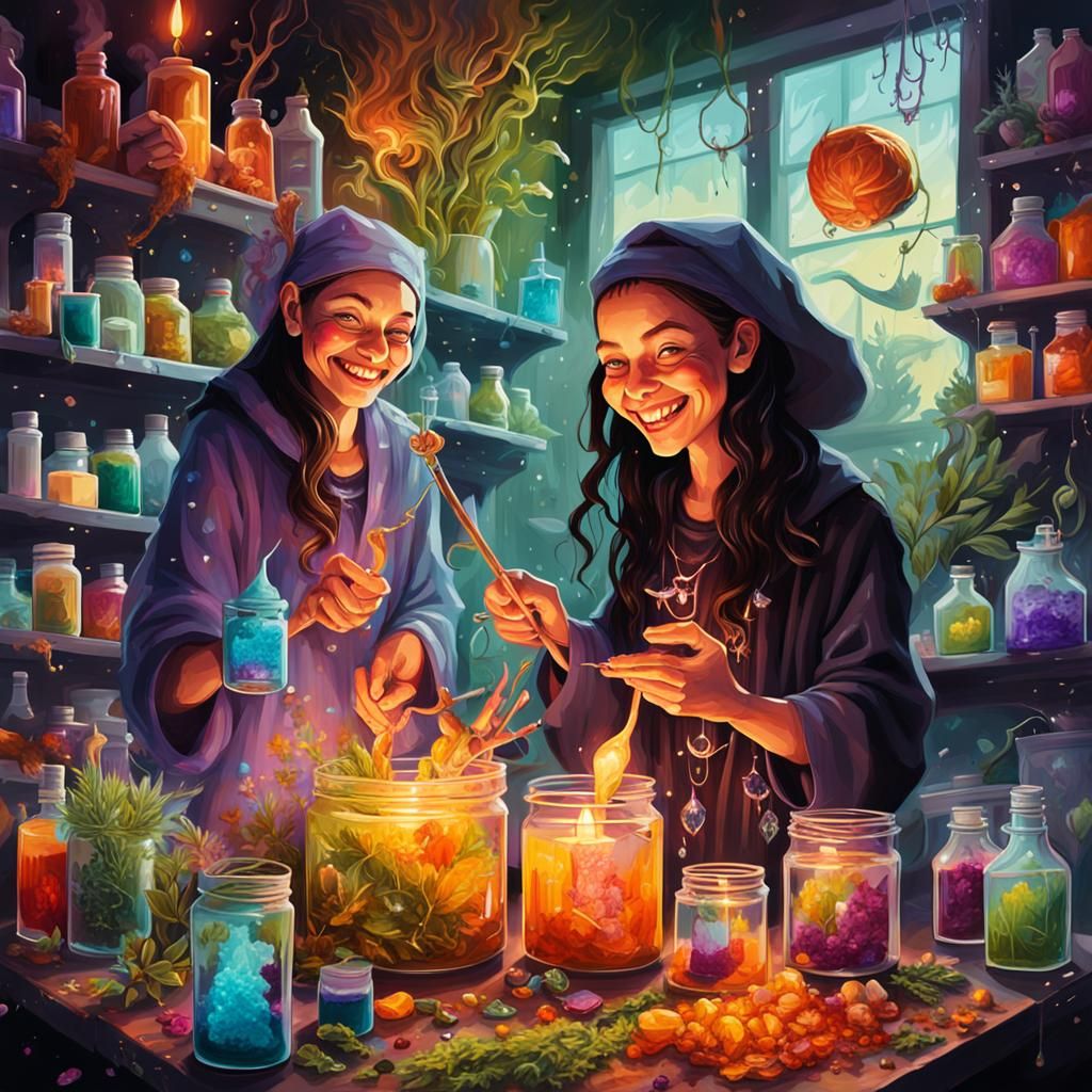 Modern Witch Sisters in Laboratory: Graffiti Art Style