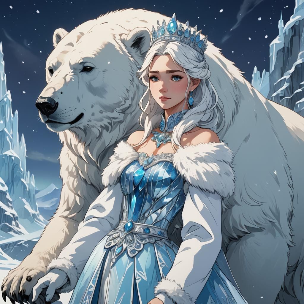 Snow Queen and Polar Bear in Anime Style