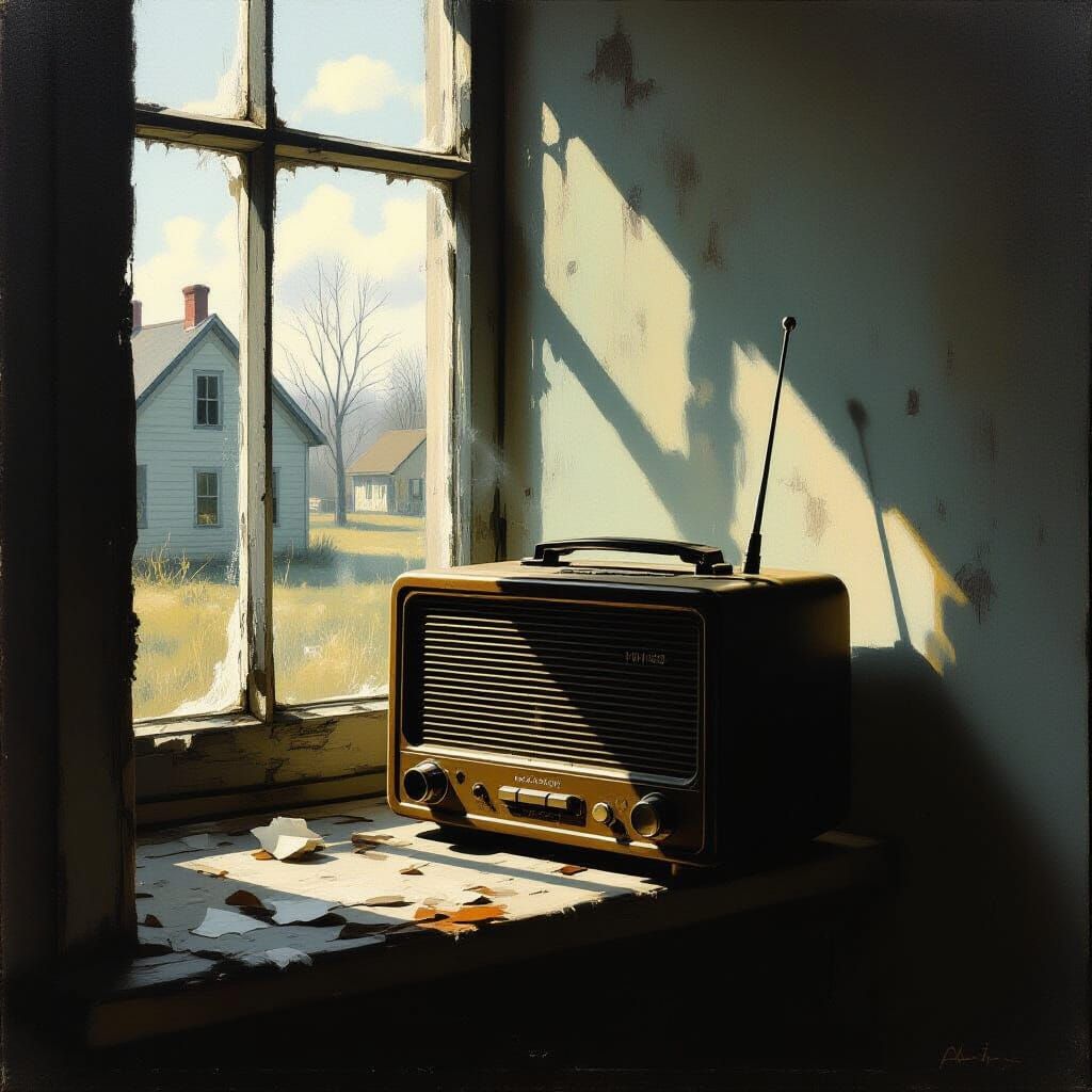 Old Radio on Dusty Shelf: Fading Memories Oil Painting