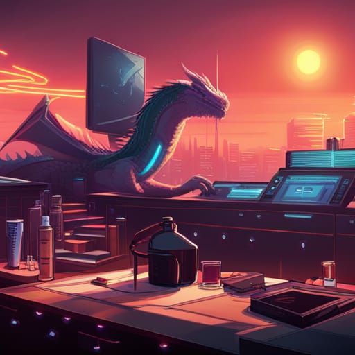 Cyberpunk Dragon Serenade in Neon Bar