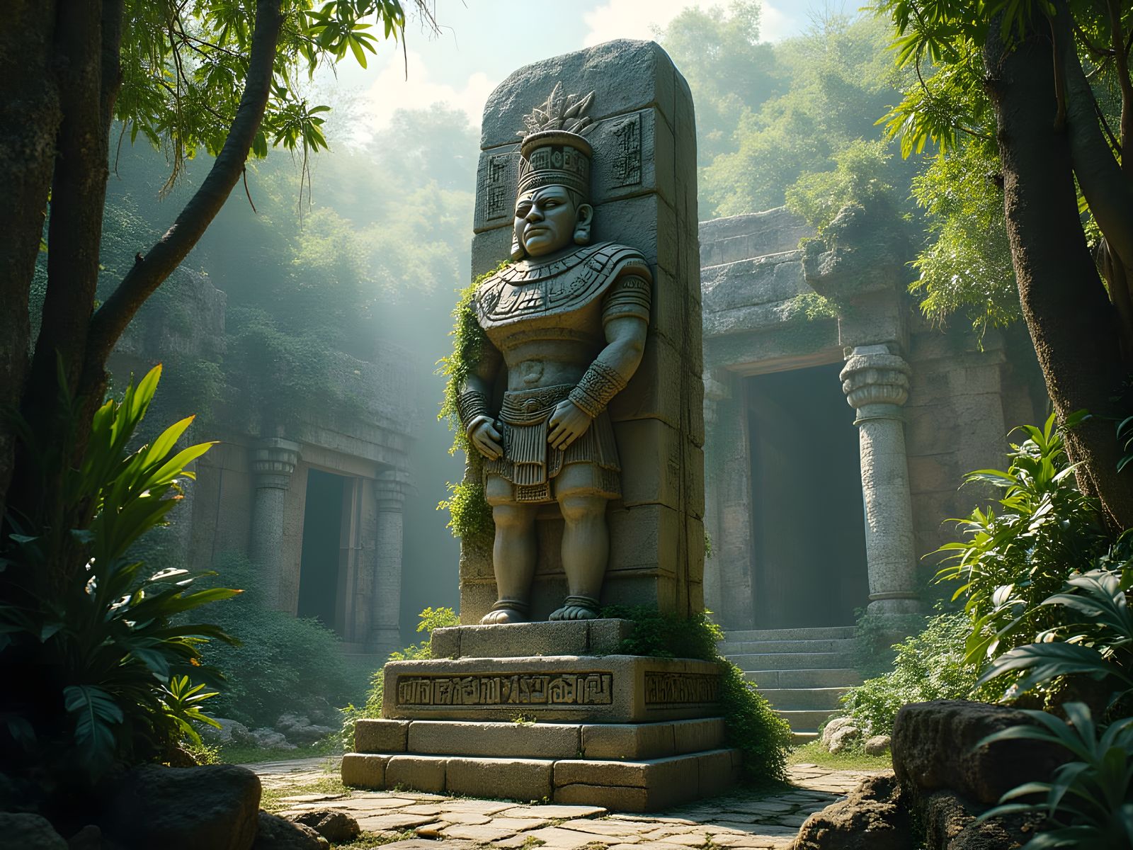 Ancient Mayan Ruler in Intricate Stone Carvings