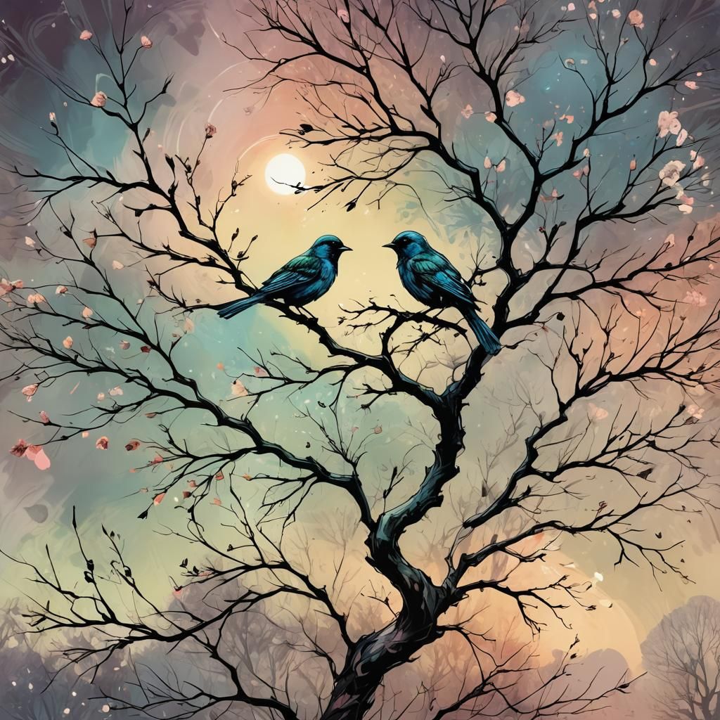 Spring Tree Bird Digital Painting in Ethereal Style