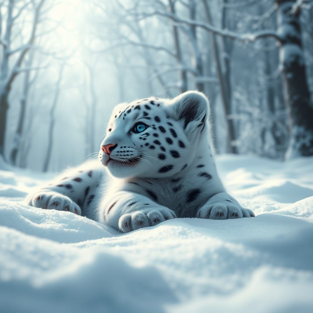 Snowy Jaguar Cub in Mystical Forest