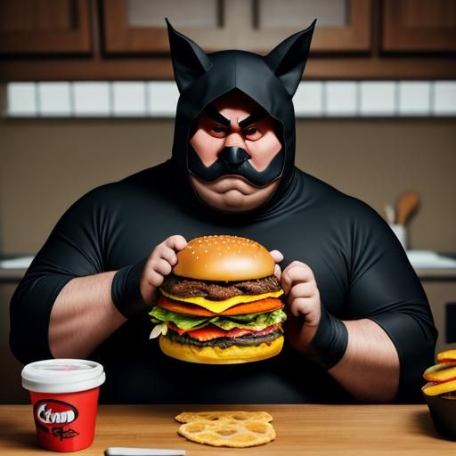 Fat Superhero in a bat costume eats a burger in his kitchen