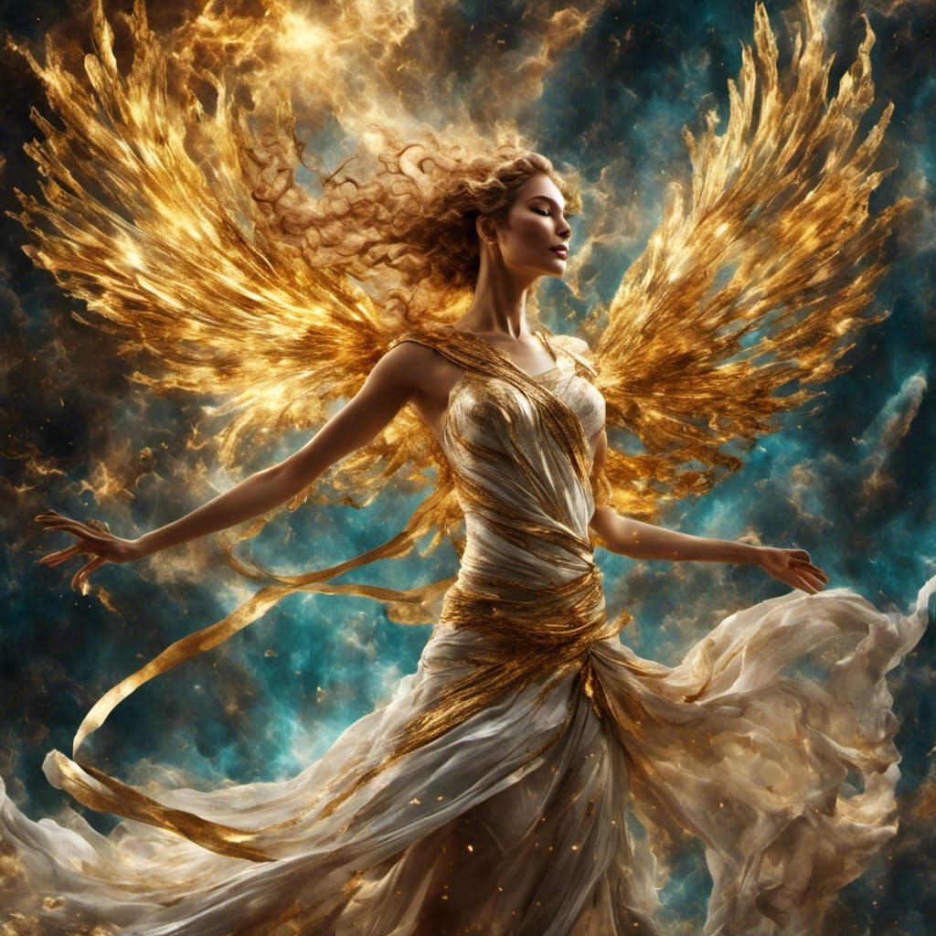 Golden-Winged Nike Dances in Retrowave Style