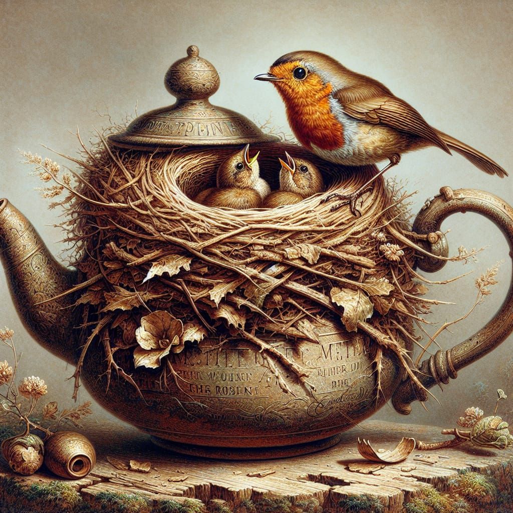 Robin Family Nesting in Teapot, Romantic Illustration