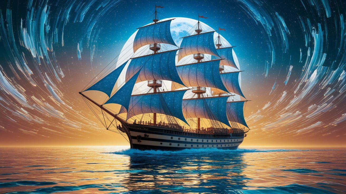 Spectral Sailing Ship Under Golden Sea by Blue Moonlight
