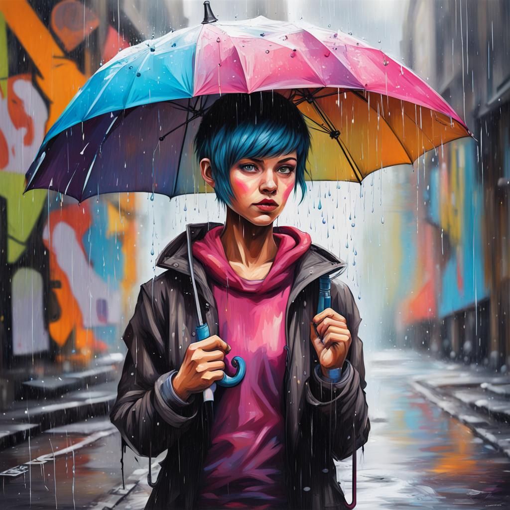 Girl with Umbrella in Graffiti Splash Art Style