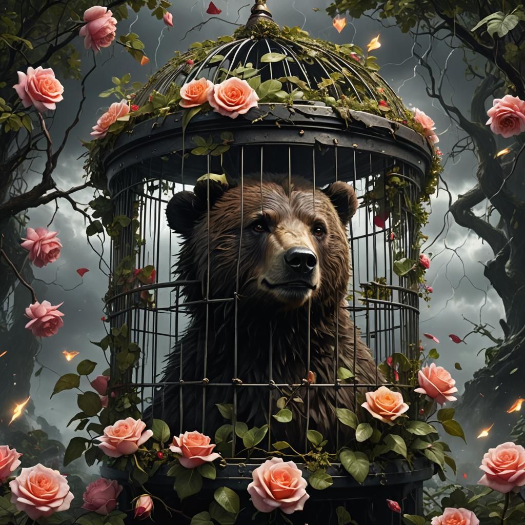 Surreal Jungle Scene with Elf-Faced Bear, Hyperrealistic Art