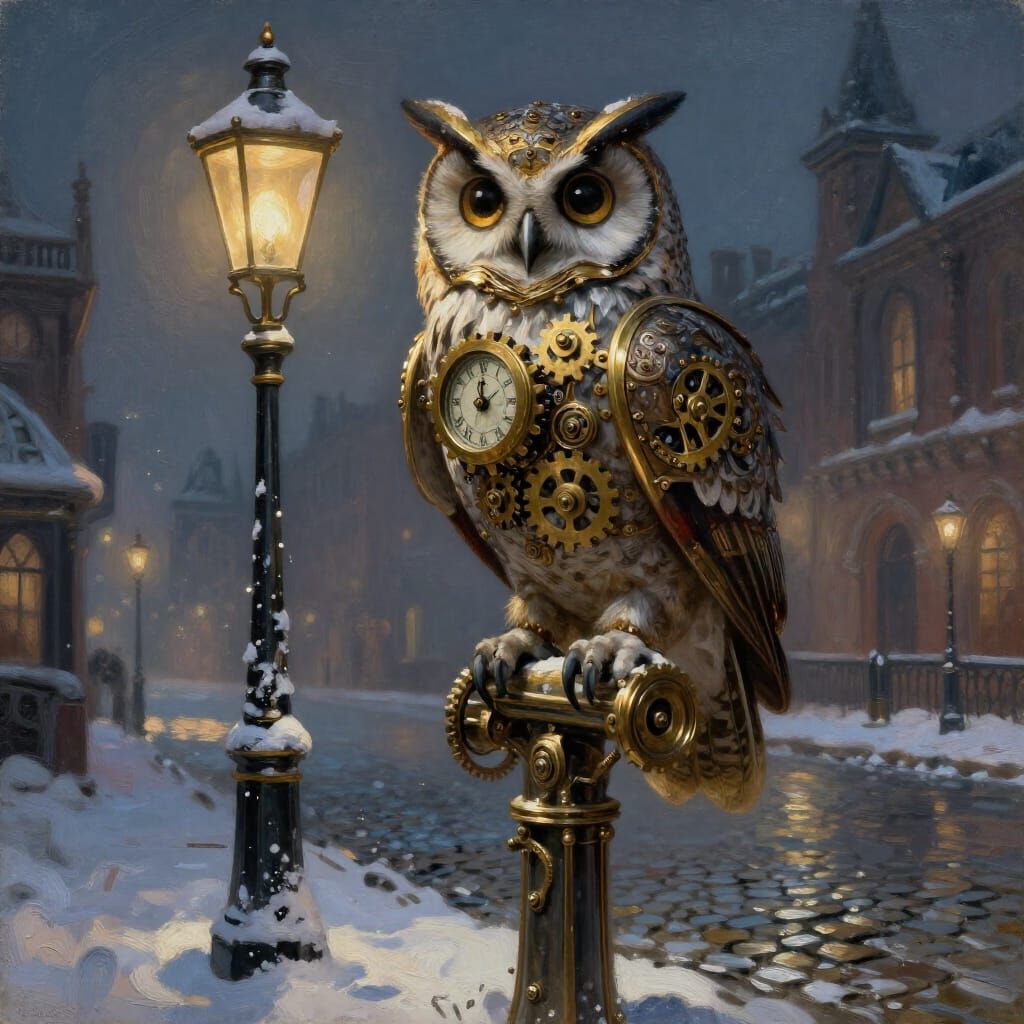 Steampunk Owl on Lamppost in Gaslight Glow