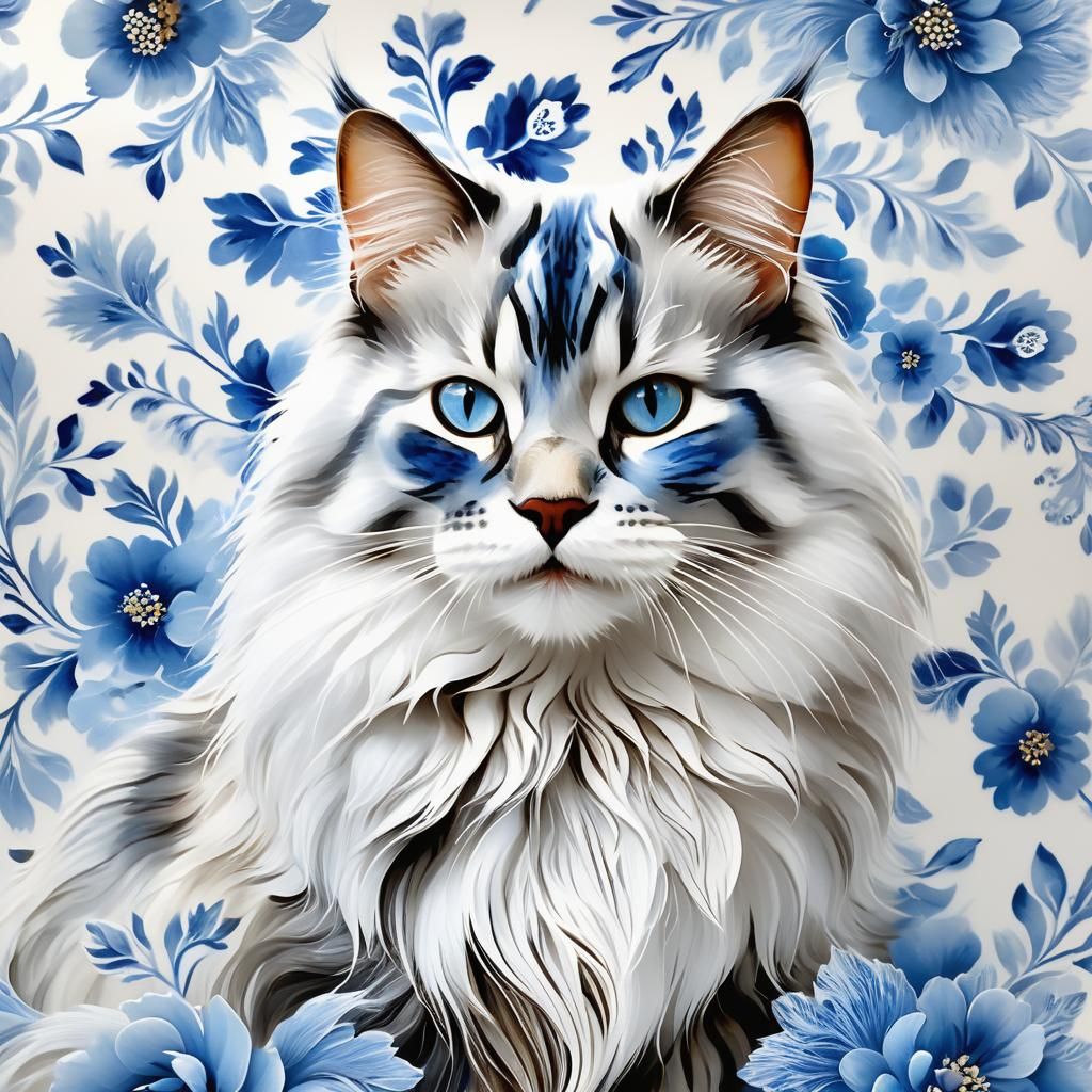 Porcelain Maine Coon with Blue Floral Patterns