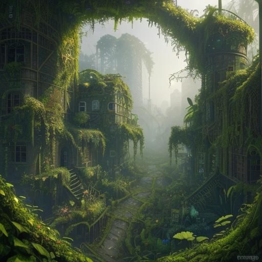 Overgrown Cityscape in Cubist Style