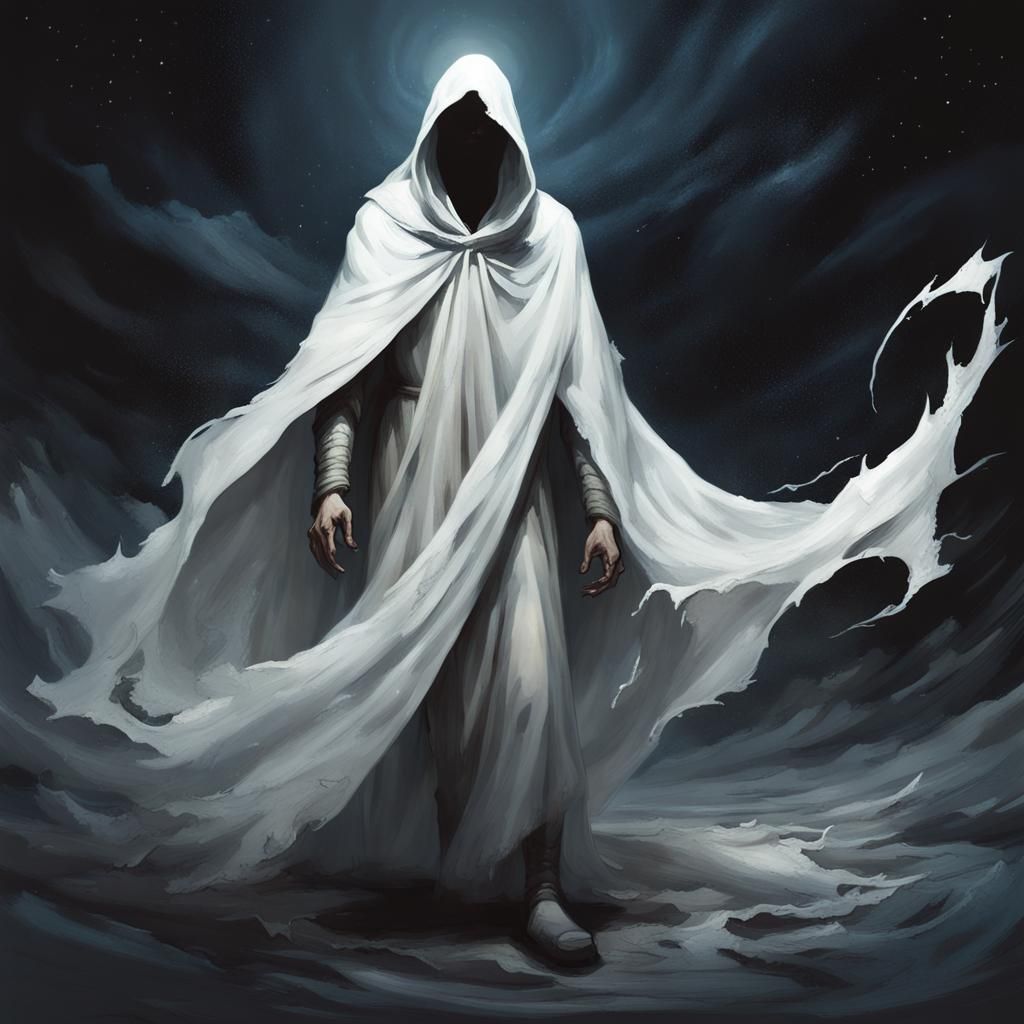 Mystical Figure in White Cloak Swirling at Night