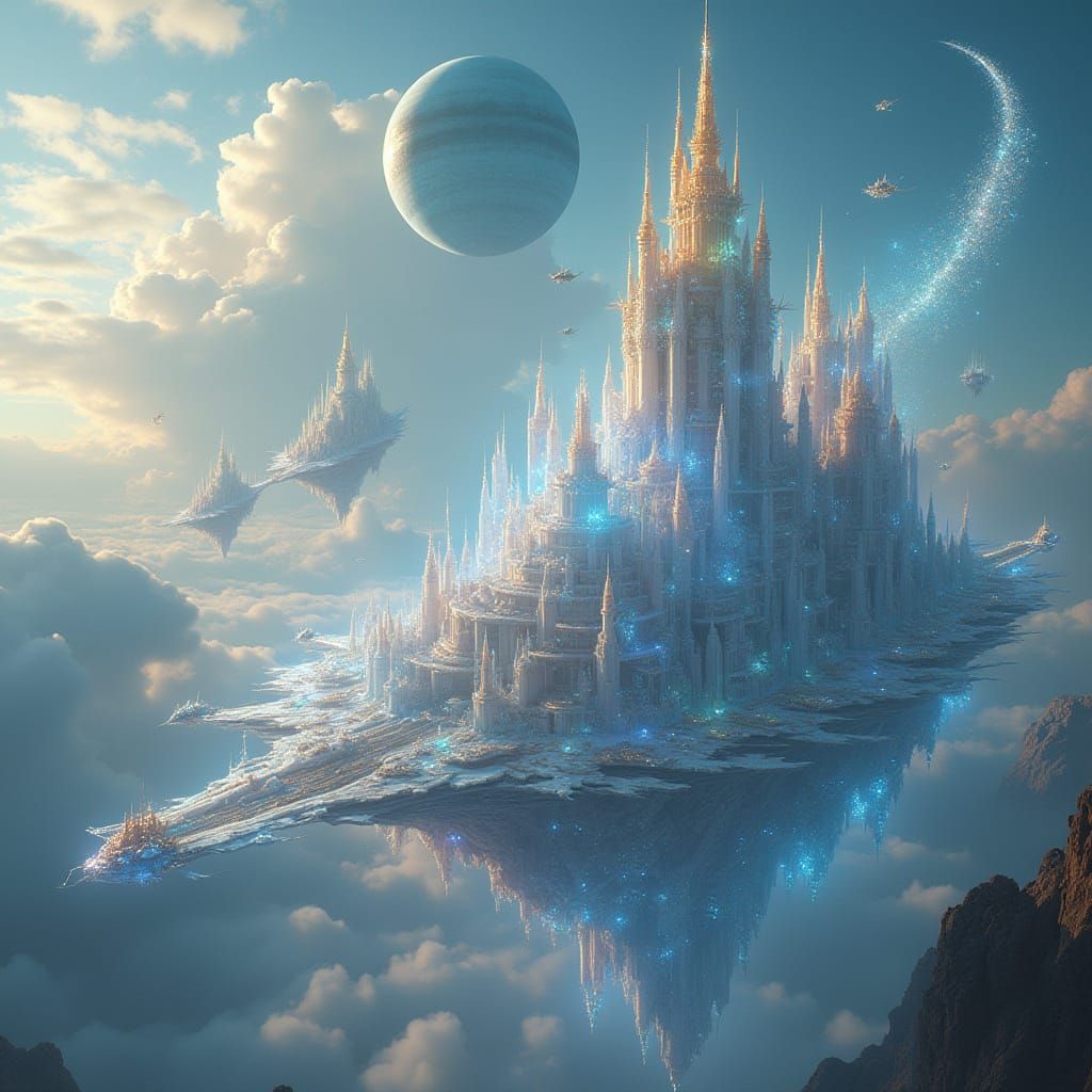 Majestic Crystal City Under Rainbow Skies