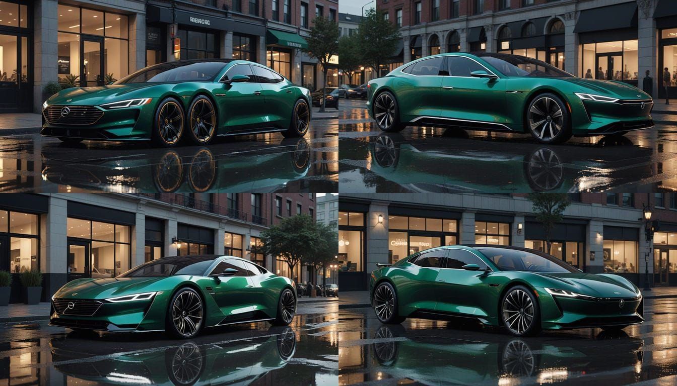 Futuristic Electric Sedan on Wet Surface at Twilight