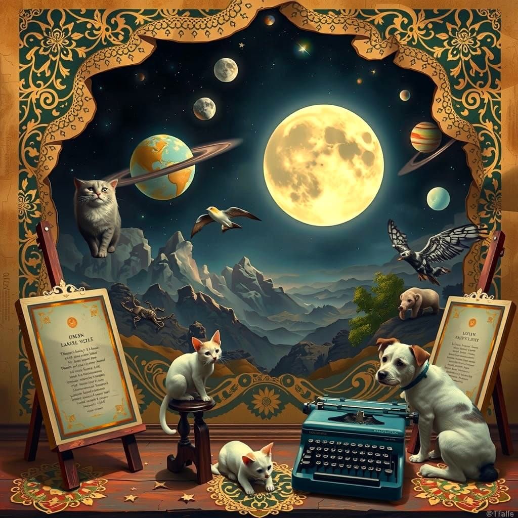 Dreamscapes Unfolding with Typewriter in Vibrant Parrish Blu...