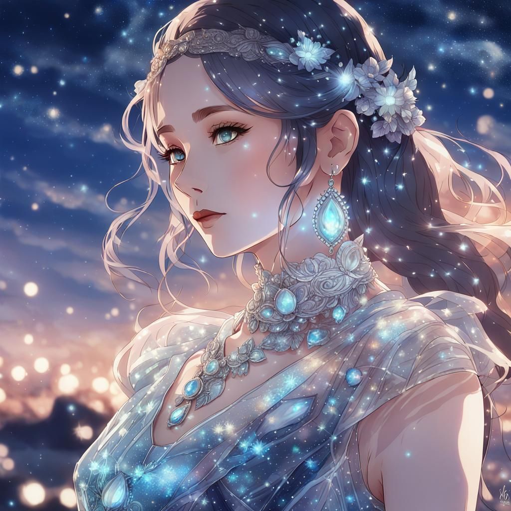 Woman in Glass Dress: 3D Anime Watercolor