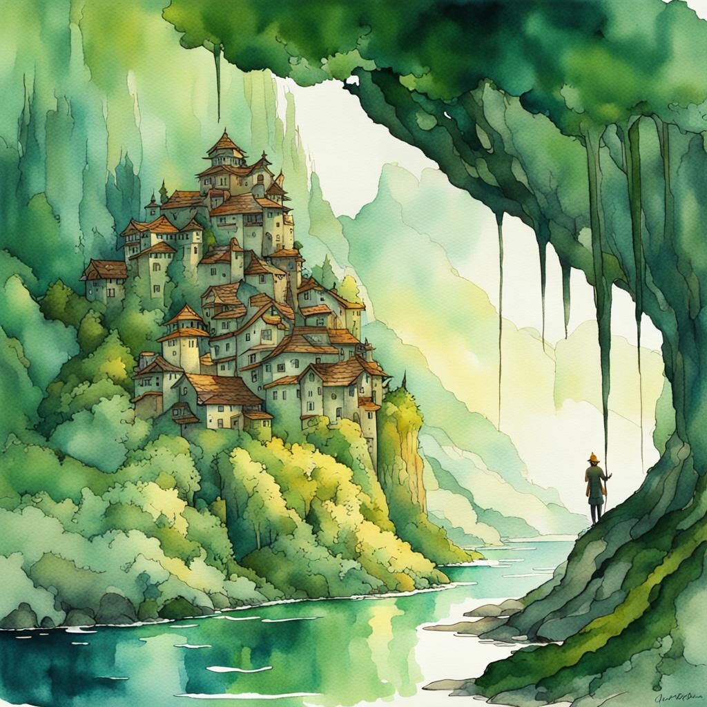 Fantasy Bedroom Watercolor Painting with Mountain View