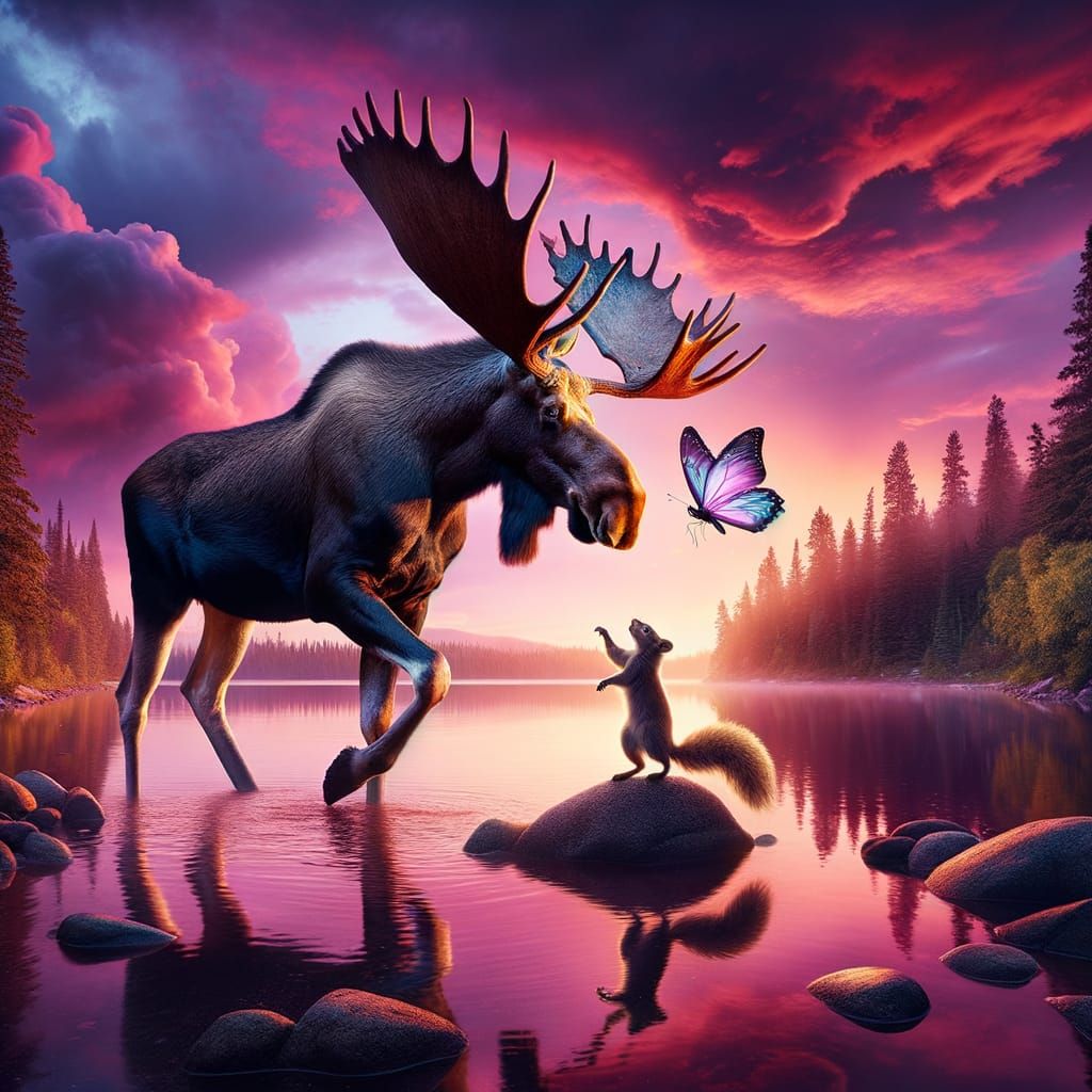 Moose and Squirrel at Sunset by Tranquil Lake