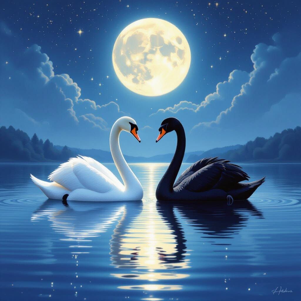Two Swans In Love Under Starry Moonlit Sky
