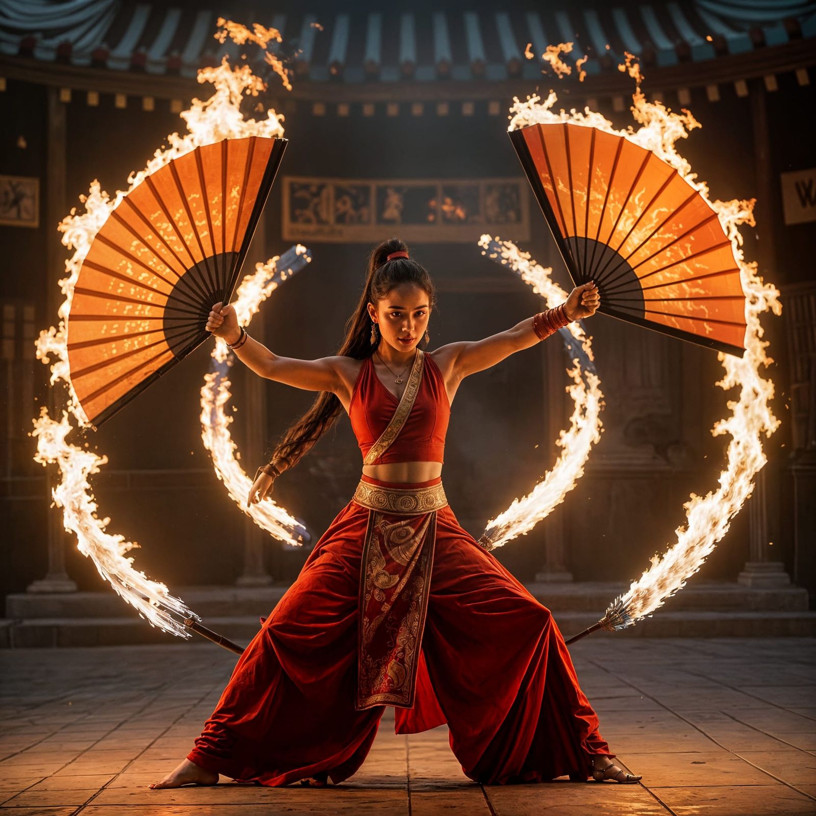 Epic Fireshow Dancer Waving Fiery Fans