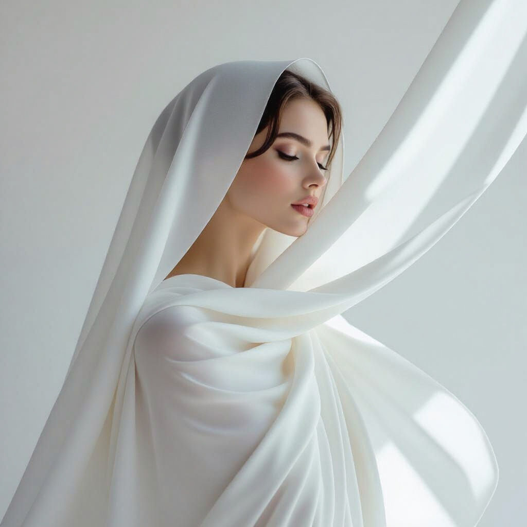 Elegant Woman in Flowing White Fabric