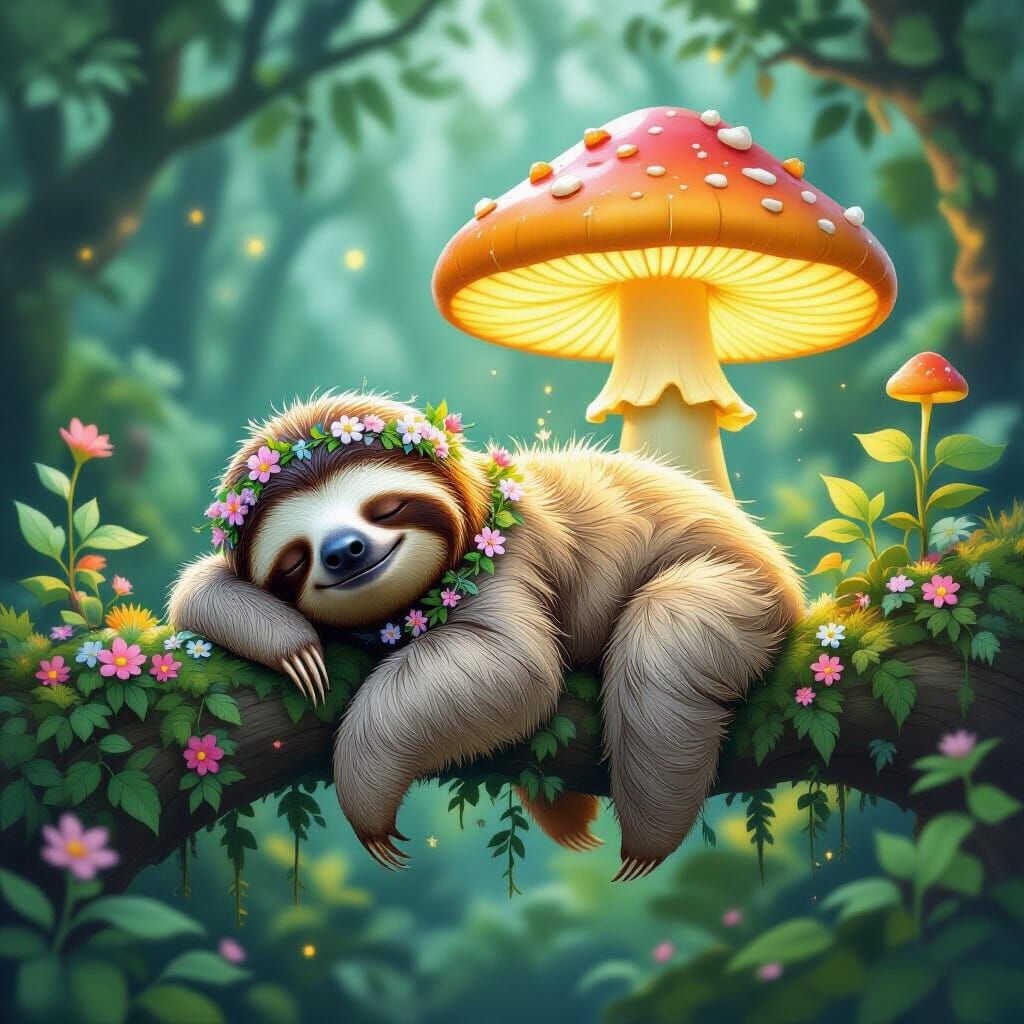 Sloth Napping on Glowing Mushroom in Enchanted Forest