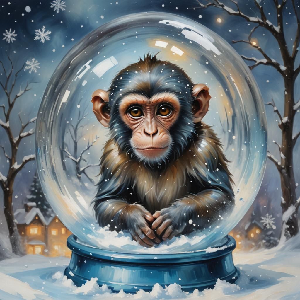 Monkey in Snow Globe, Oil Painting with Vivid Colors
