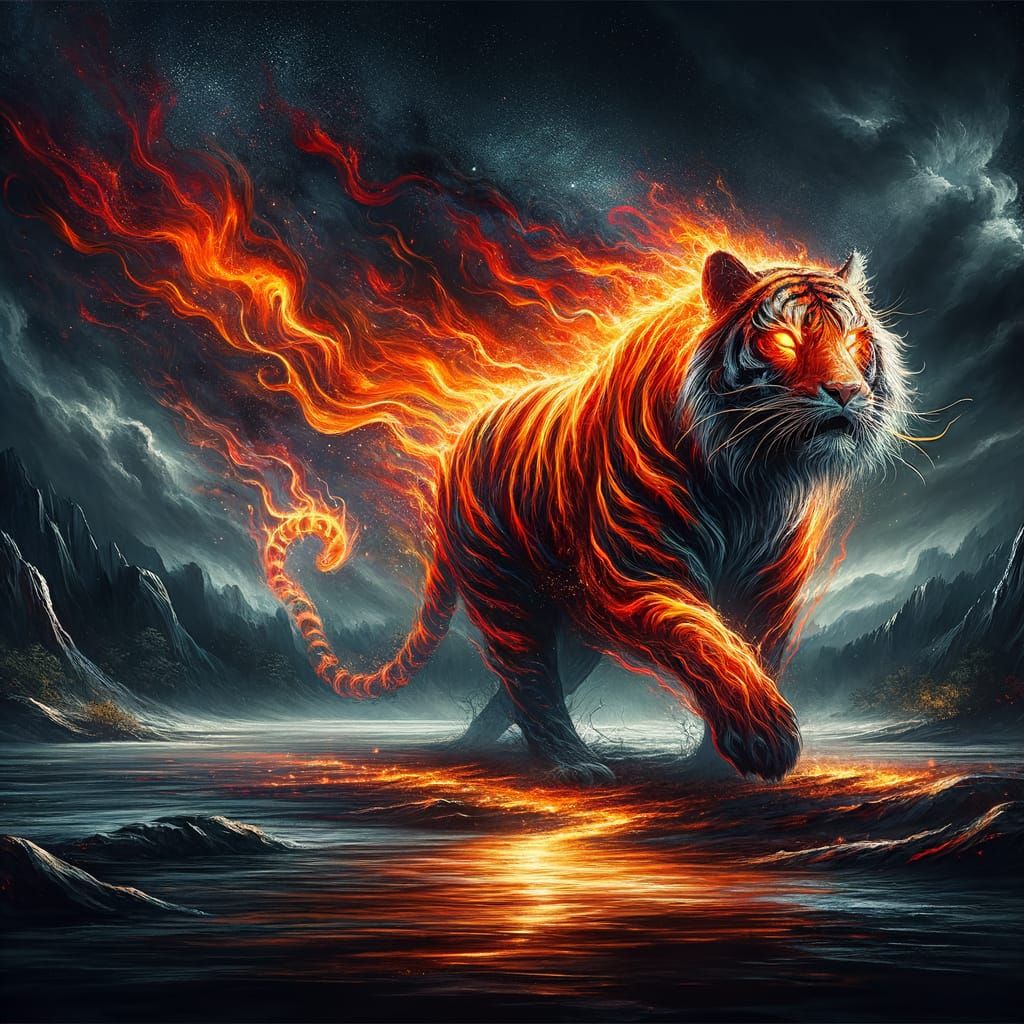 Fiery Tiger Emerges from Darkness in a Cyberpunk Aesthetic