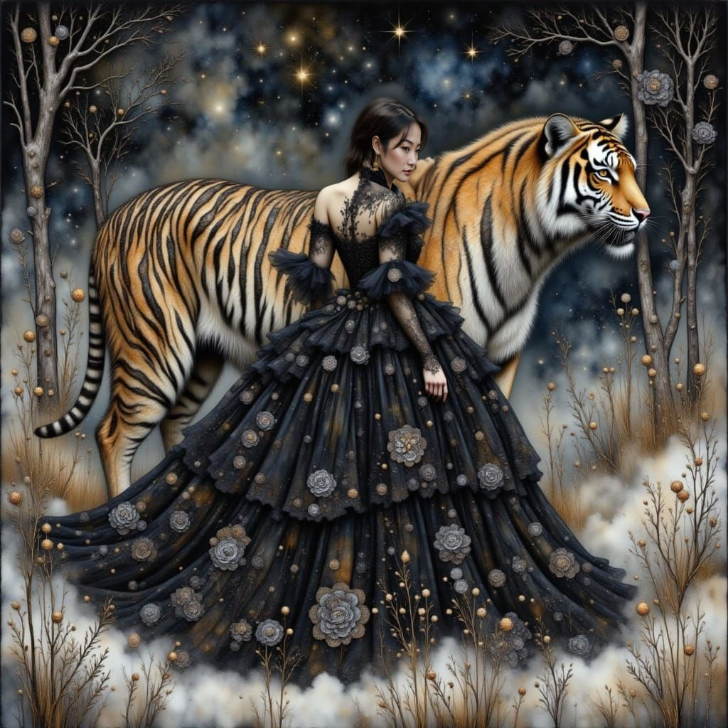 Goth Man in Rococo Gown with Tiger